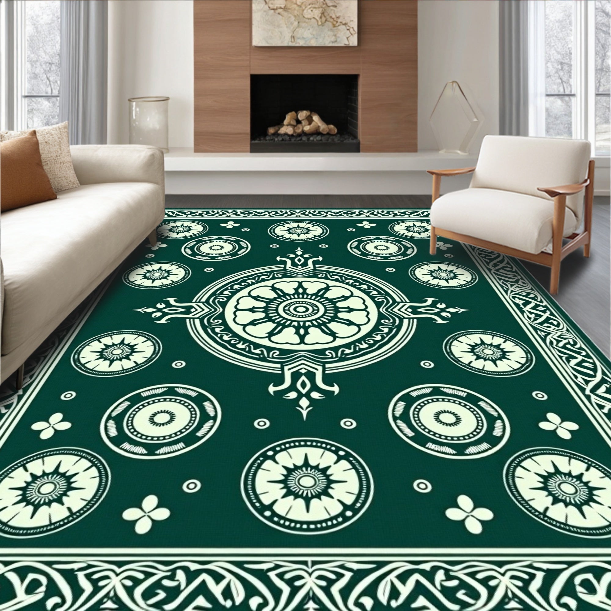 Emerald Ivory Mandala Circle Pattern Rug