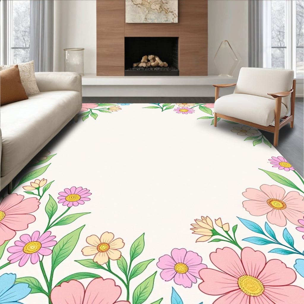 Whimsical Floral Border Print Rug