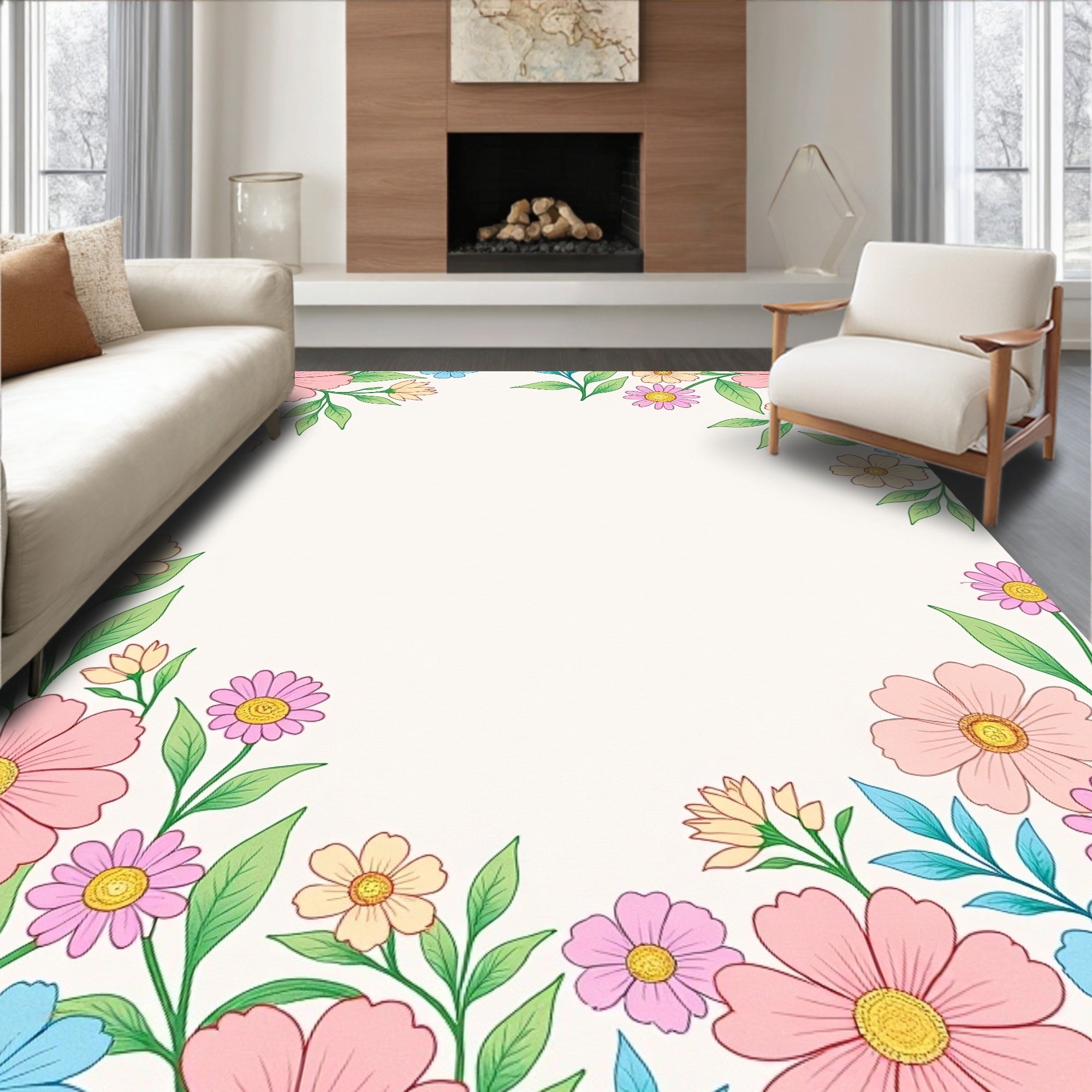 Whimsical Floral Border Print Rug
