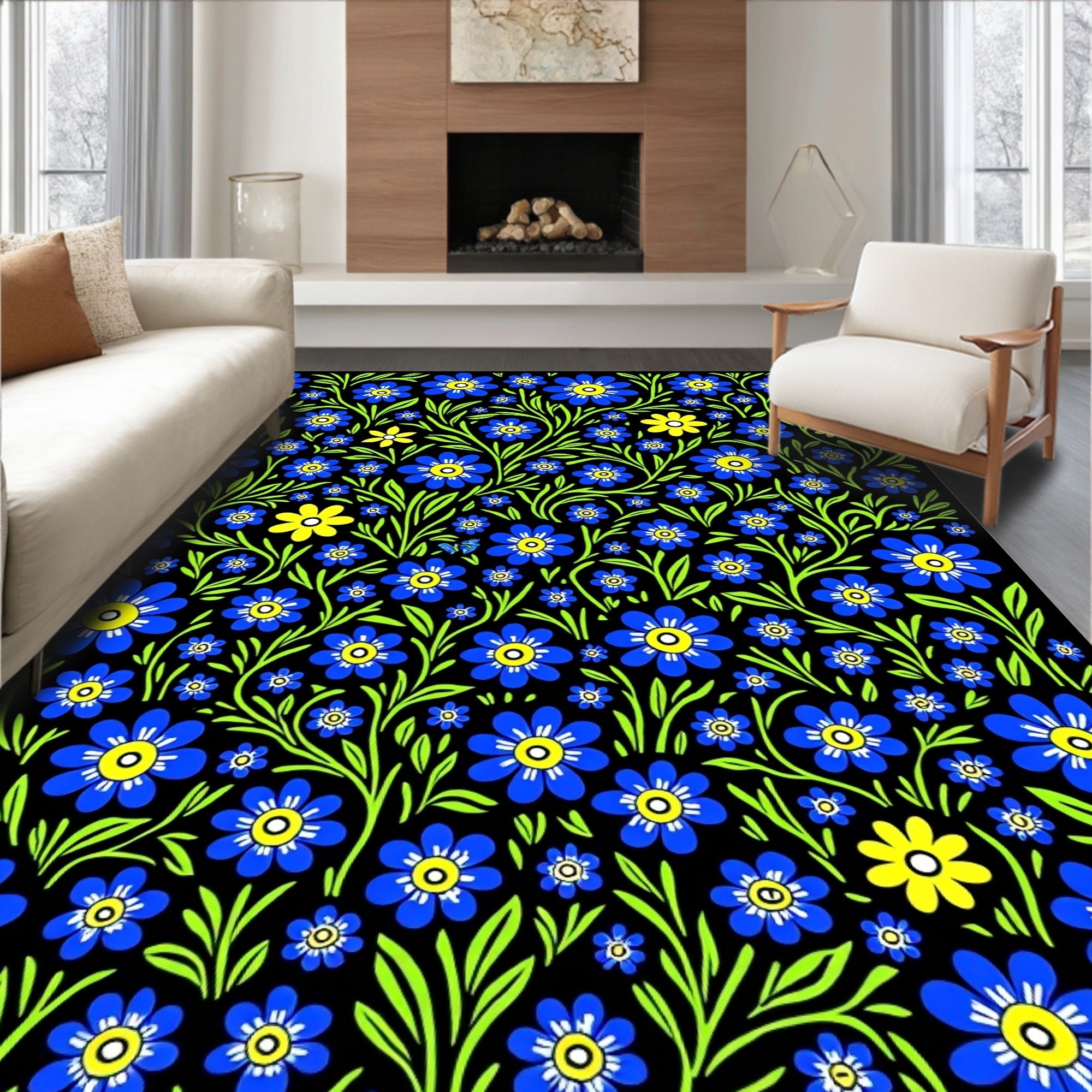 Bold Blue Yellow Floral Vines Rug