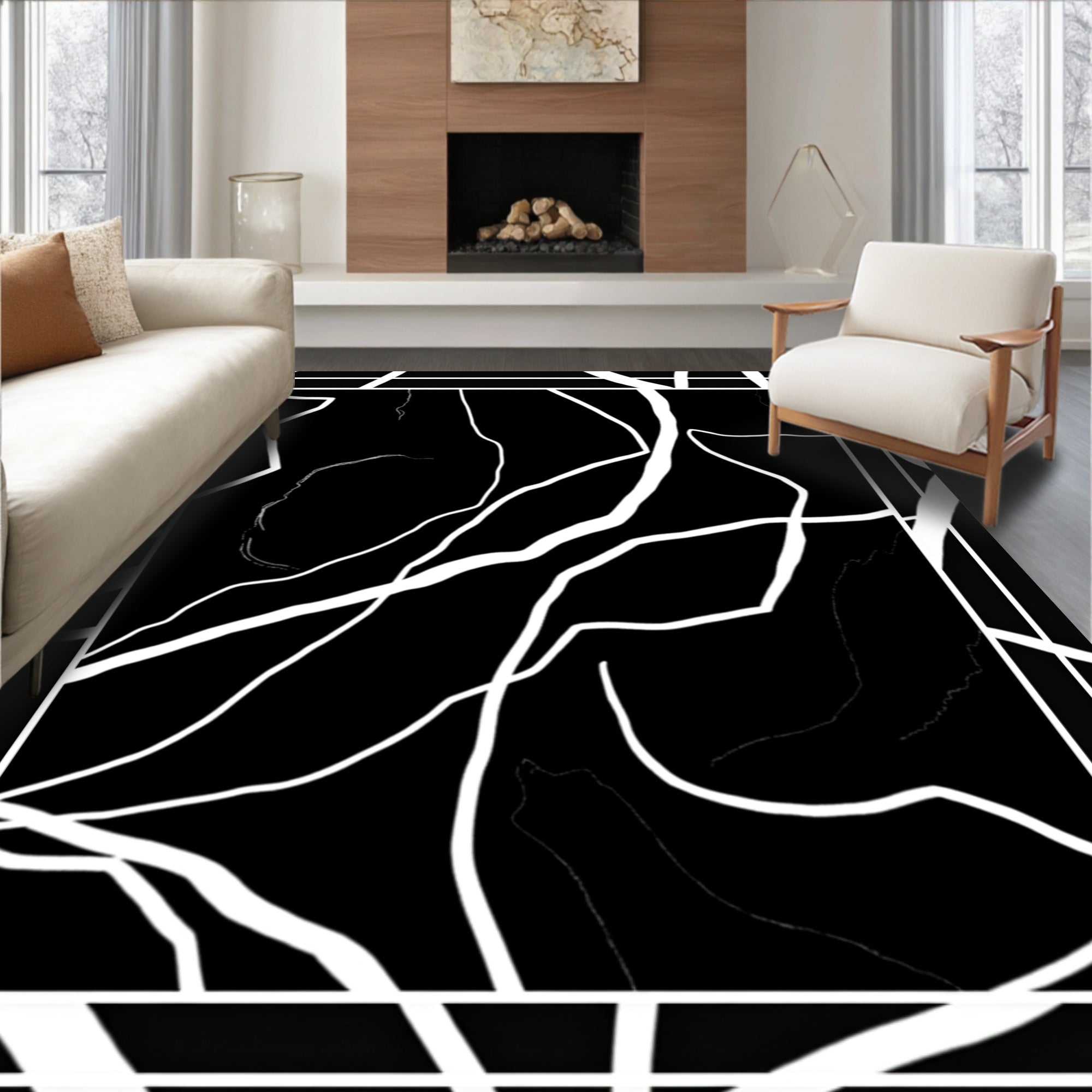 Abstract Black White Line Pattern Rug