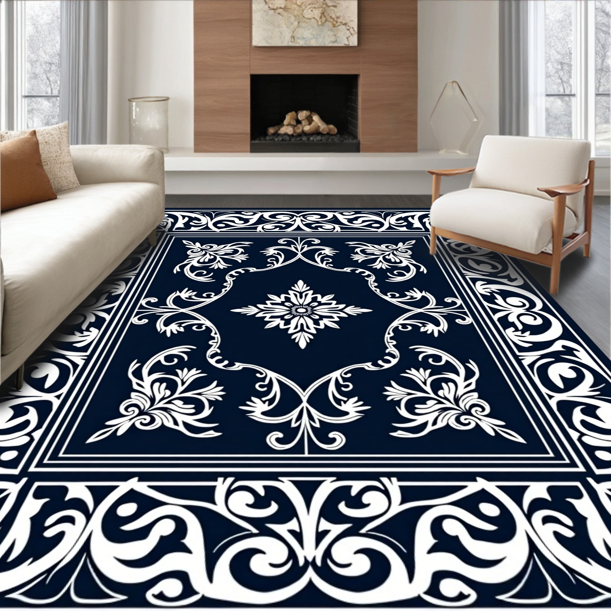 Classic Blue White Elegant Floral Border Design Rug