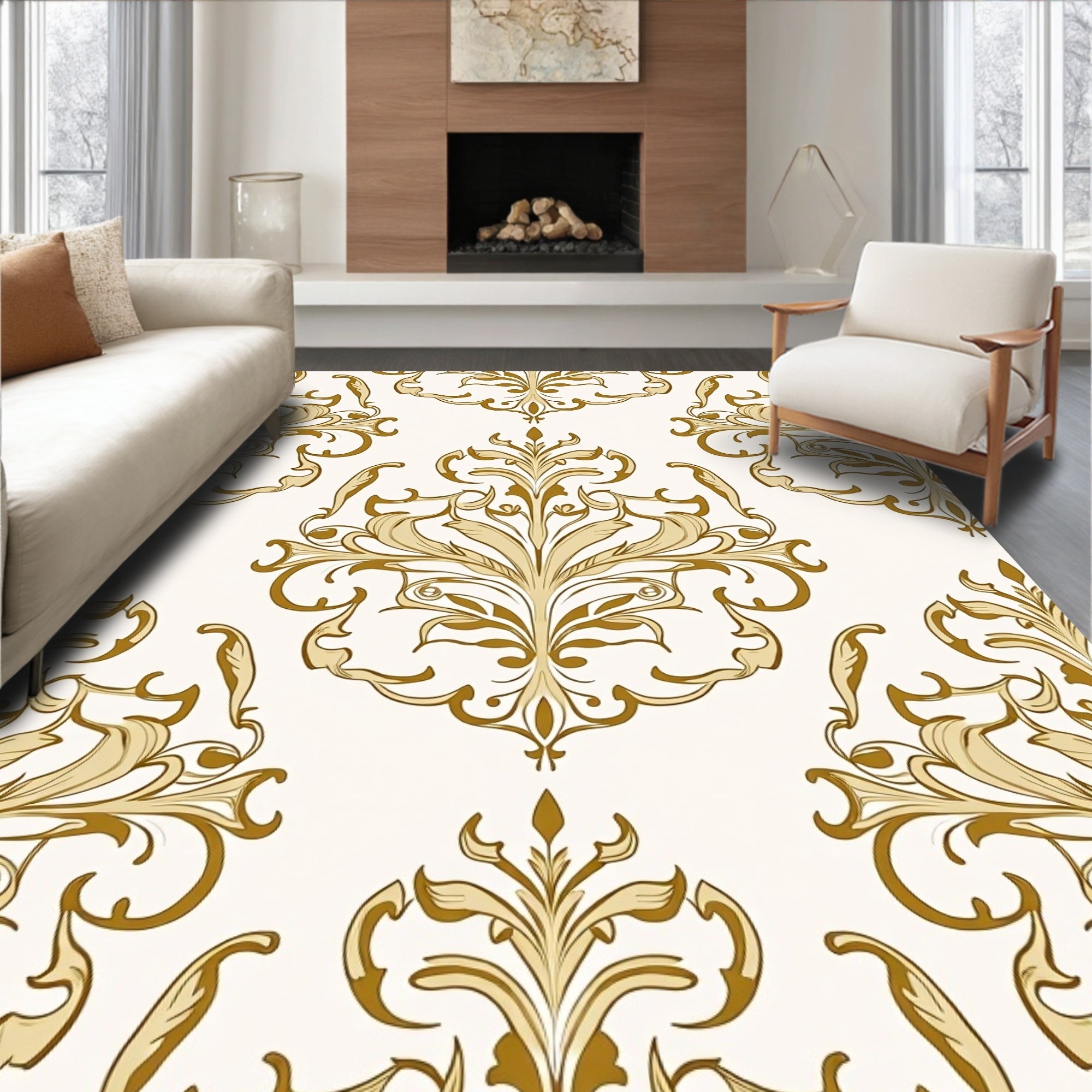 Golden Flourish Damask Scrollwork Rug