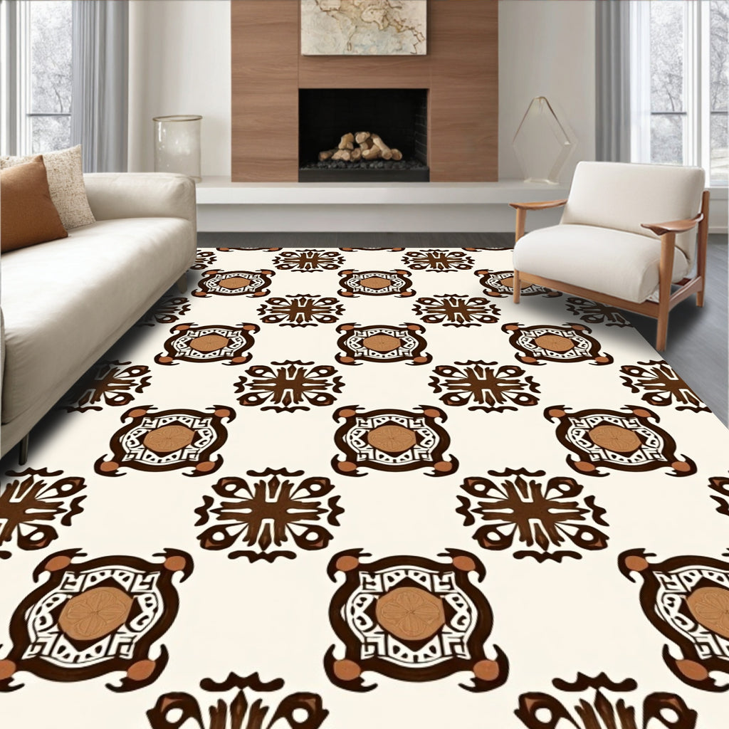 Geometric Brown White Floral Pattern Rug