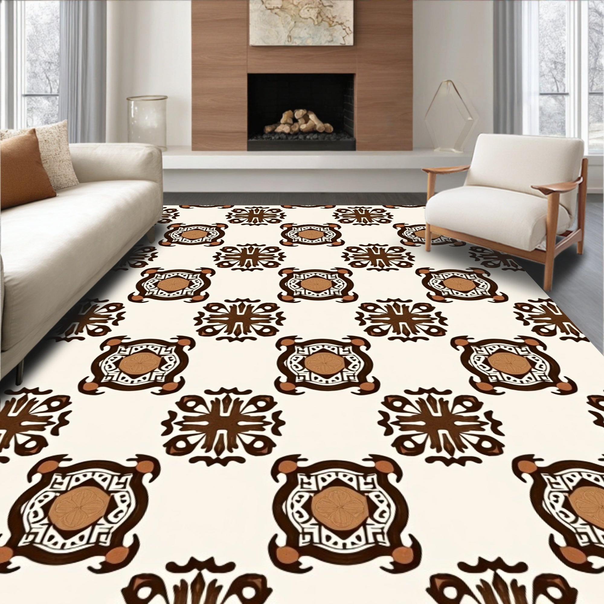 Geometric Brown White Floral Pattern Rug