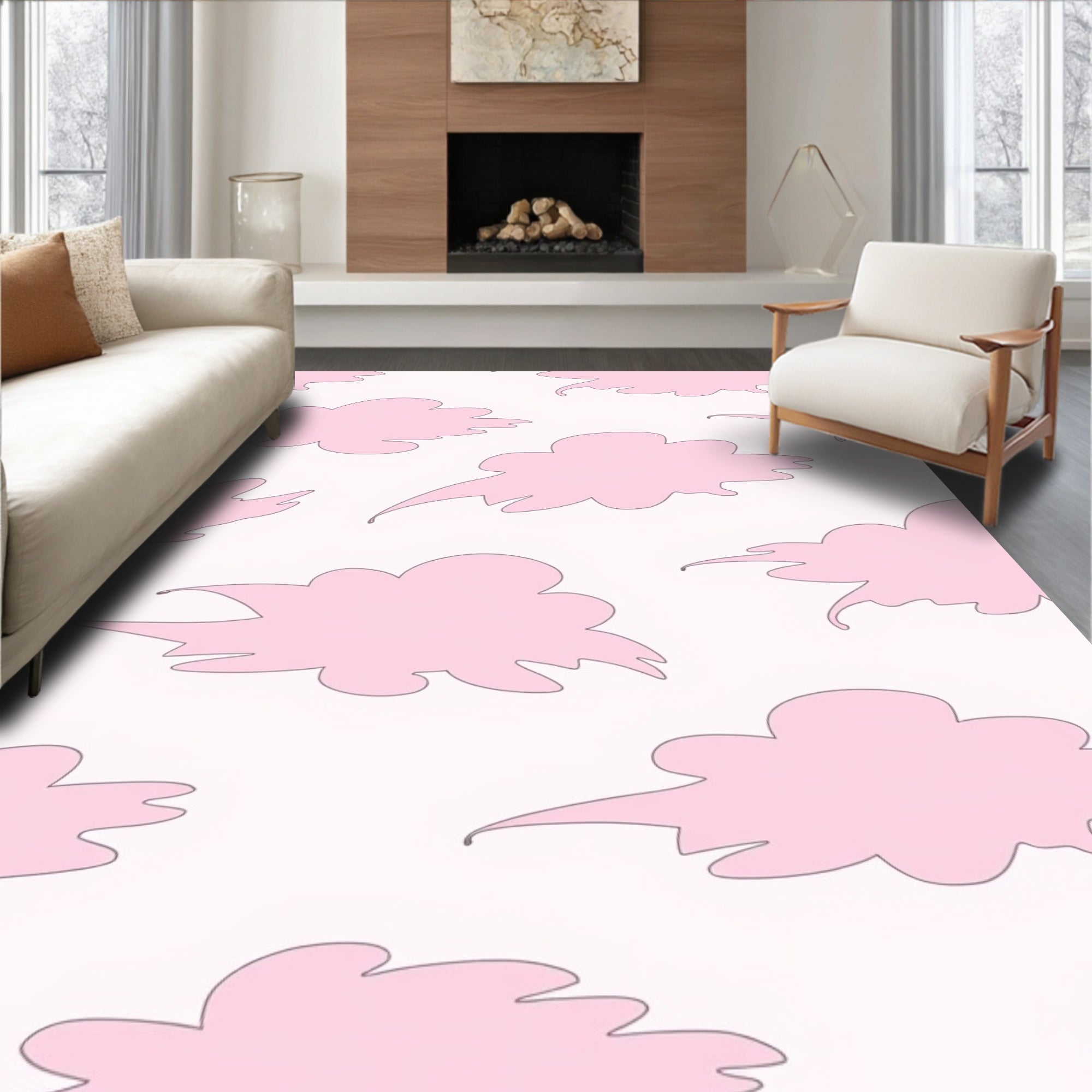 Pink Cloud Patterned Whimsical Design Rug