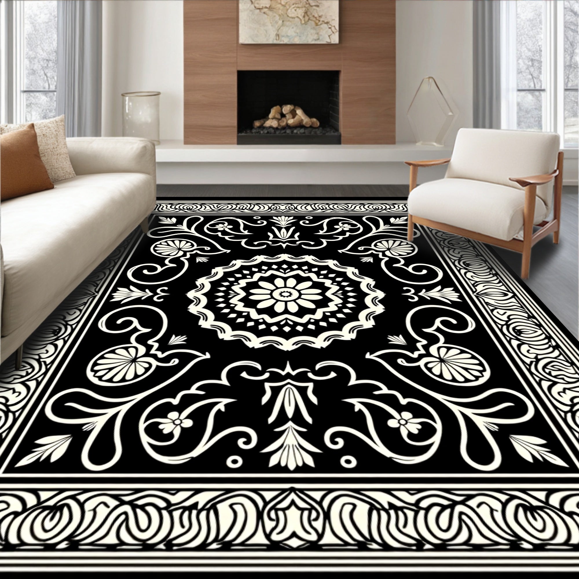 Black Cream Floral Medallion Frame Rug