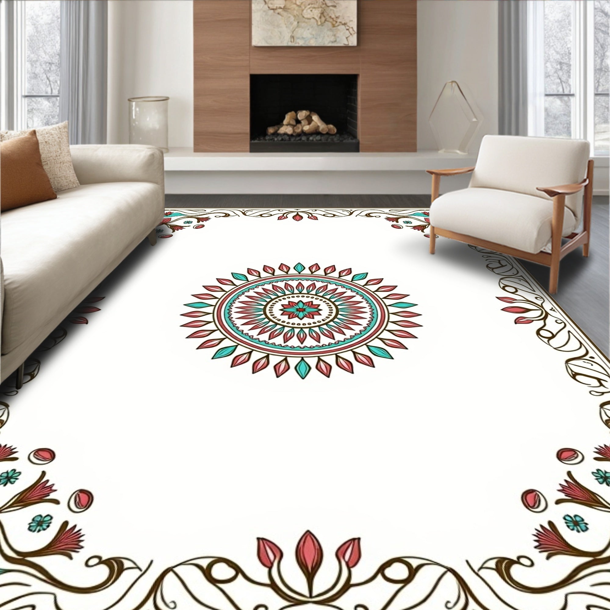 Elegant Floral Mandala Border Design Rug