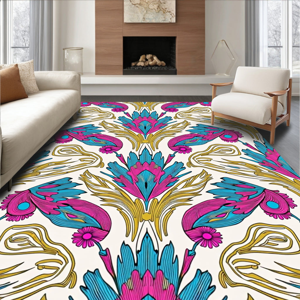 Vibrant Floral Feather Pattern Rug