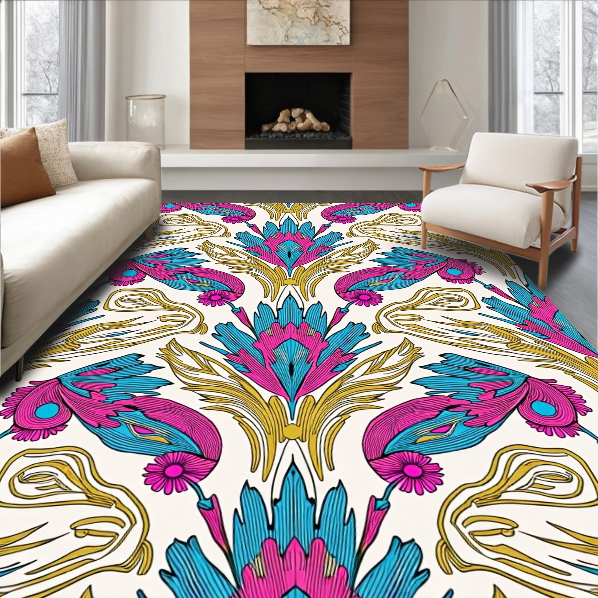 Vibrant Floral Feather Pattern Rug