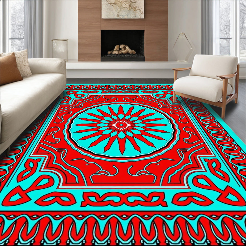 Bold Red and Turquoise Geometric Pattern Rug