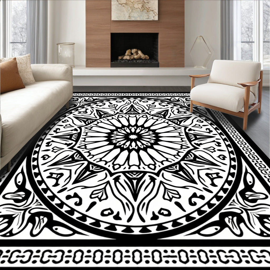 Intricate Black White Circular Pattern Rug