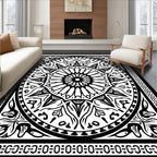 Intricate Black White Circular Pattern Rug