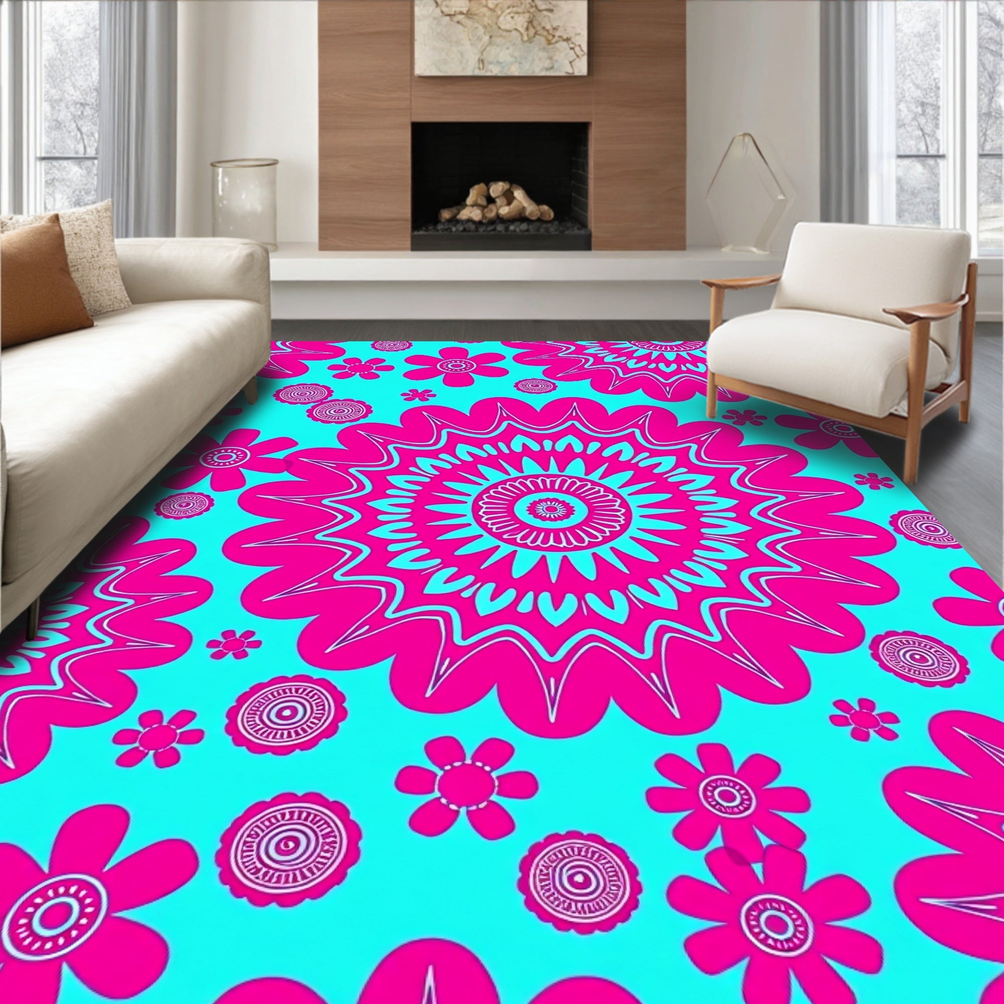 Bright Pink Floral Pattern Rug