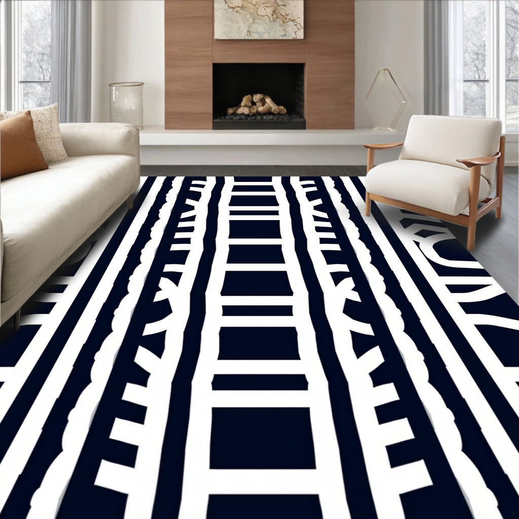 Bold White Stripe and Curve Pattern Rug