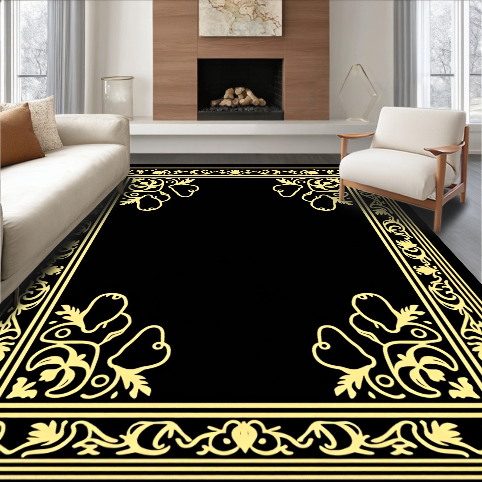 Golden Elegant Floral Border Design Rug