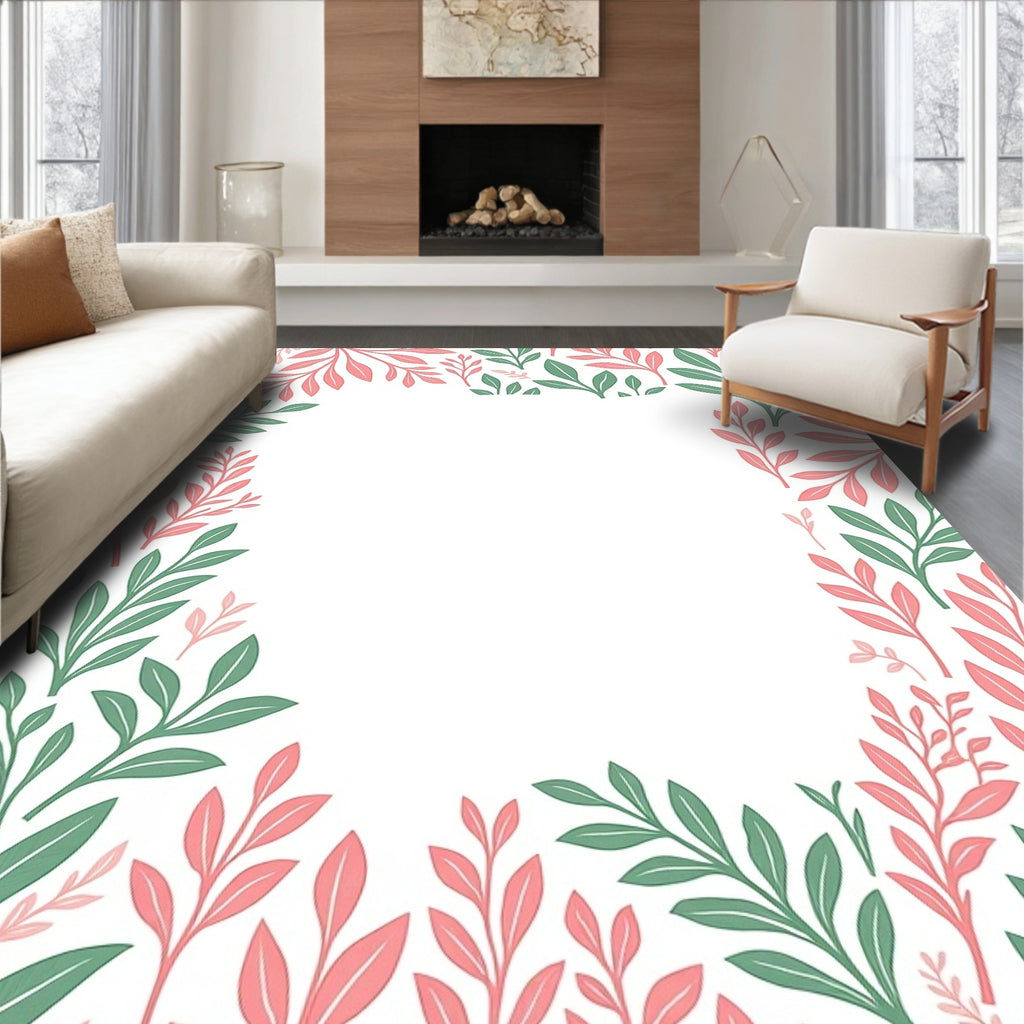 Blush Green Leafy Border Pattern Rug