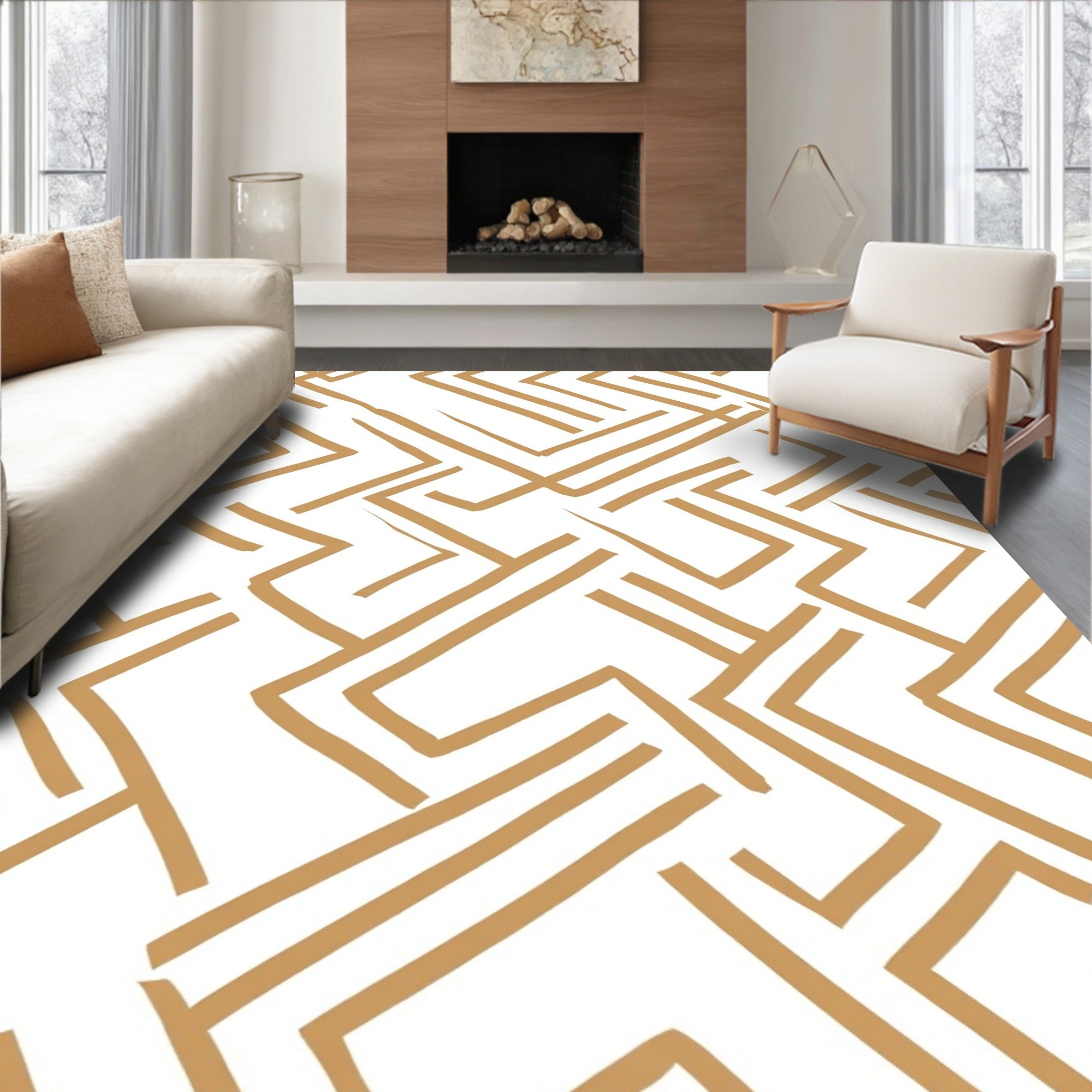 Geometric Lines Abstract Gold Pattern Rug