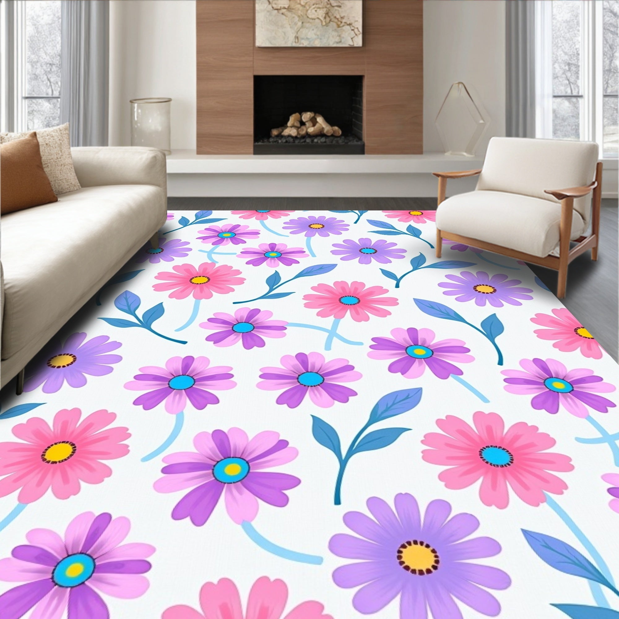 Charming Pink Purple Daisy Pattern Rug