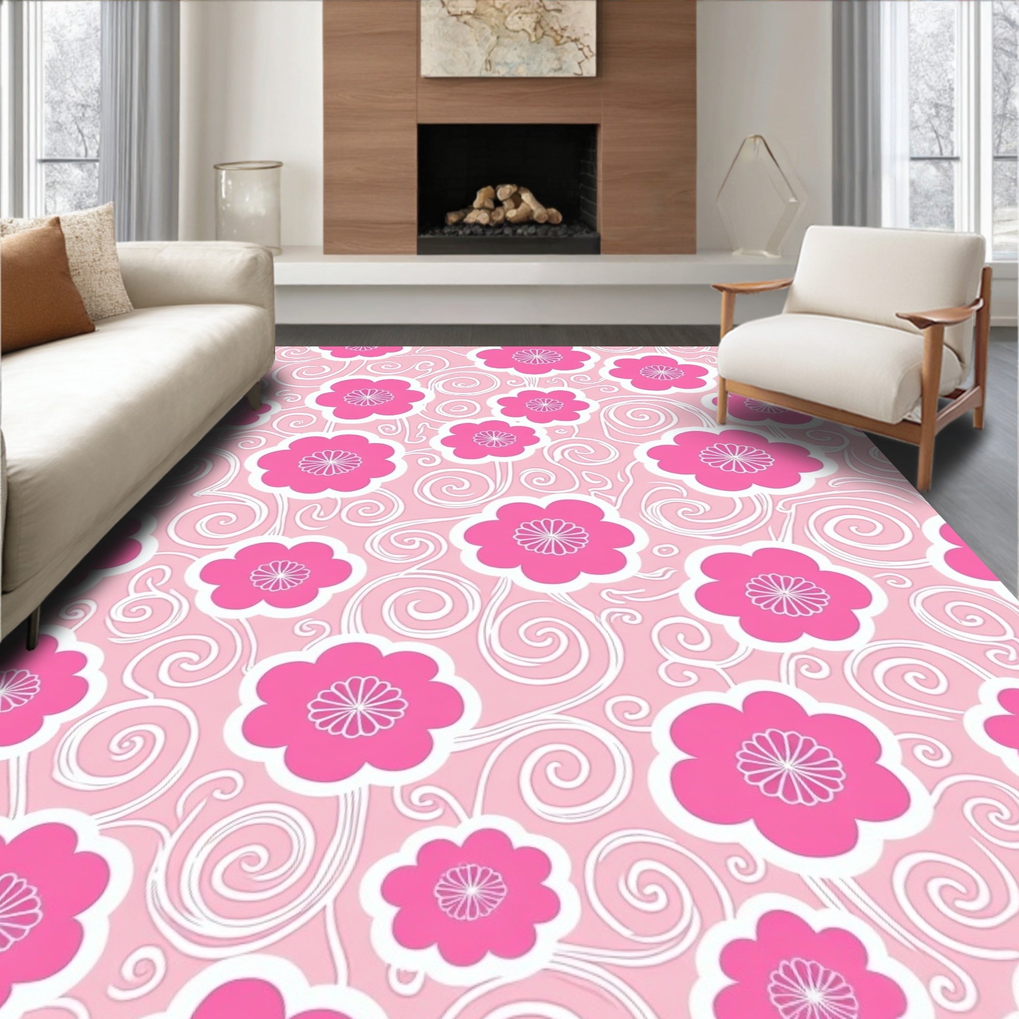 Pink Floral Swirl Pattern Design Rug