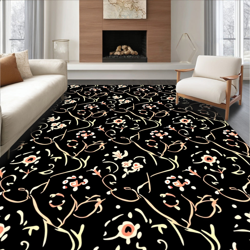 Black Floral Swirl Pattern Rug