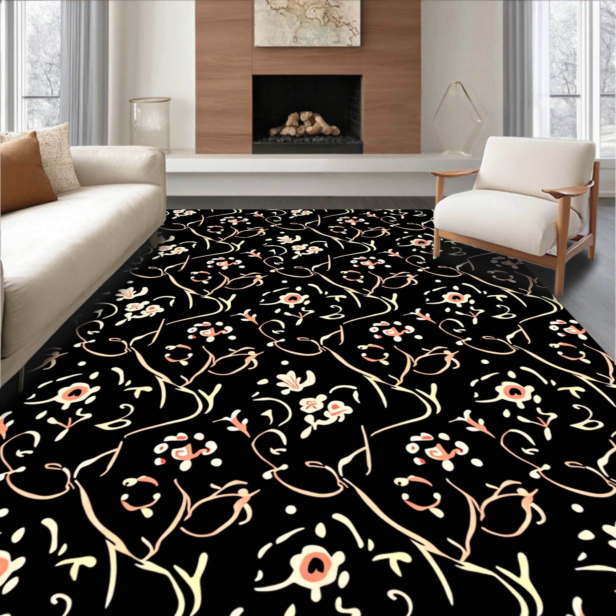 Black Floral Swirl Pattern Rug