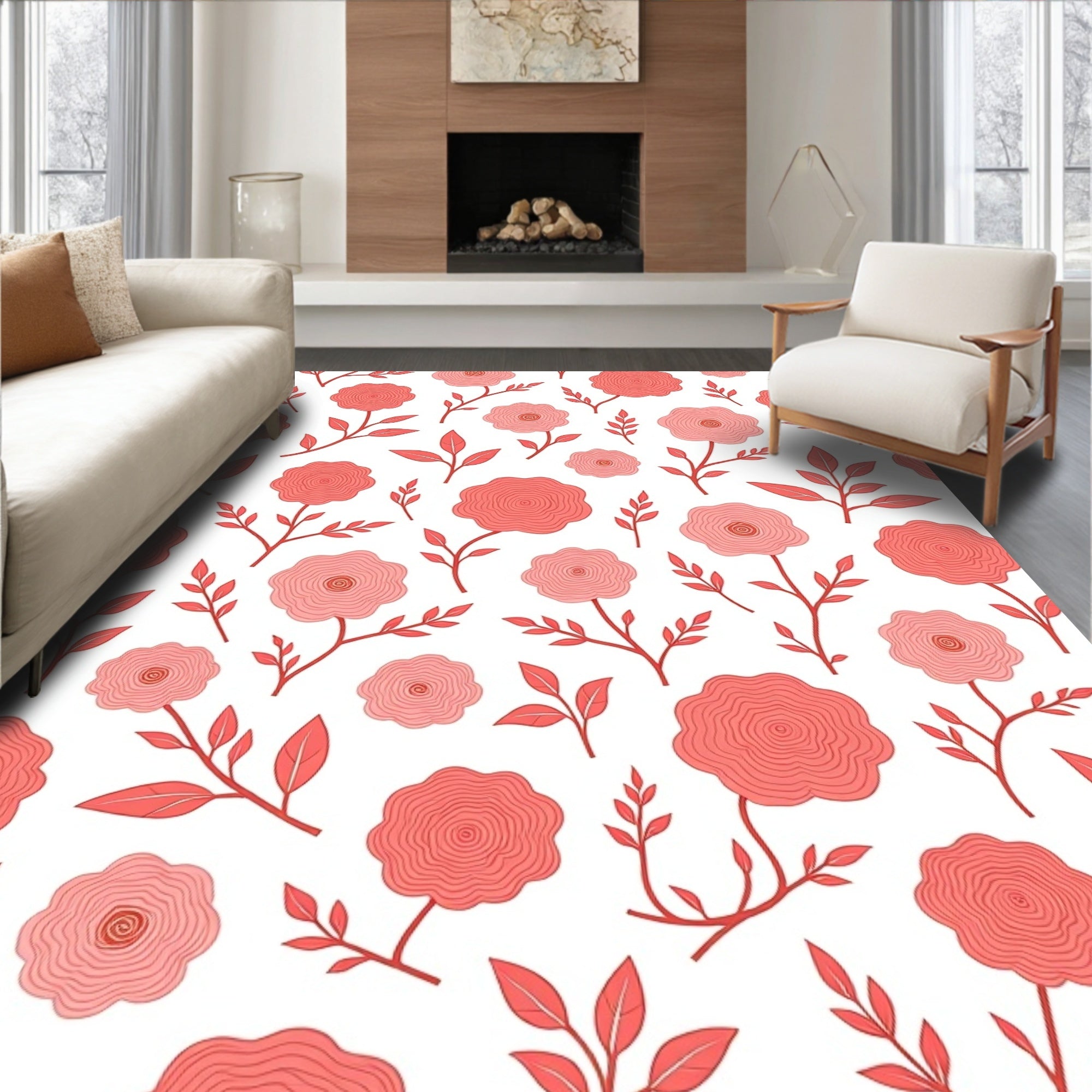 Coral Pink Blooming Flowers Pattern Rug