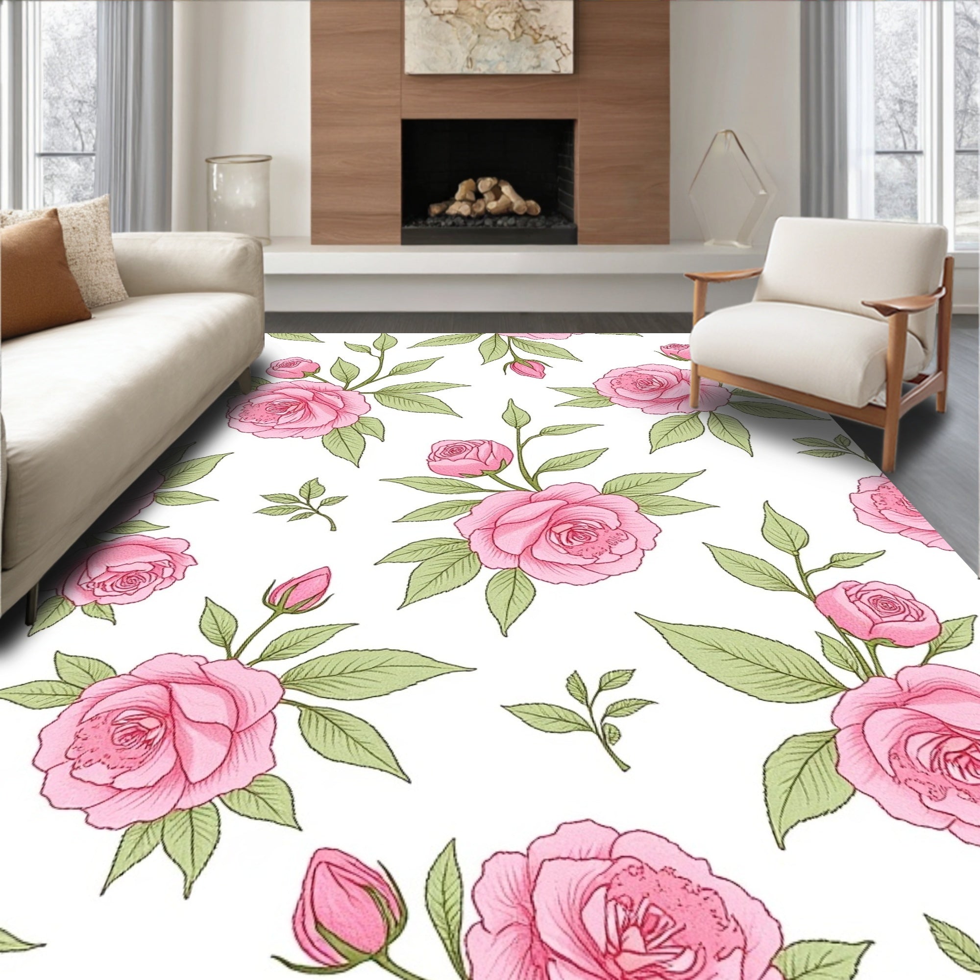 Pink Roses Blooming Pattern Rug