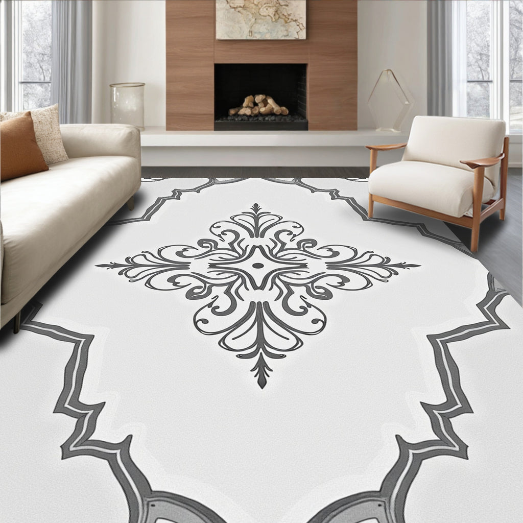 Ornate Scrollwork Grey and White Rug