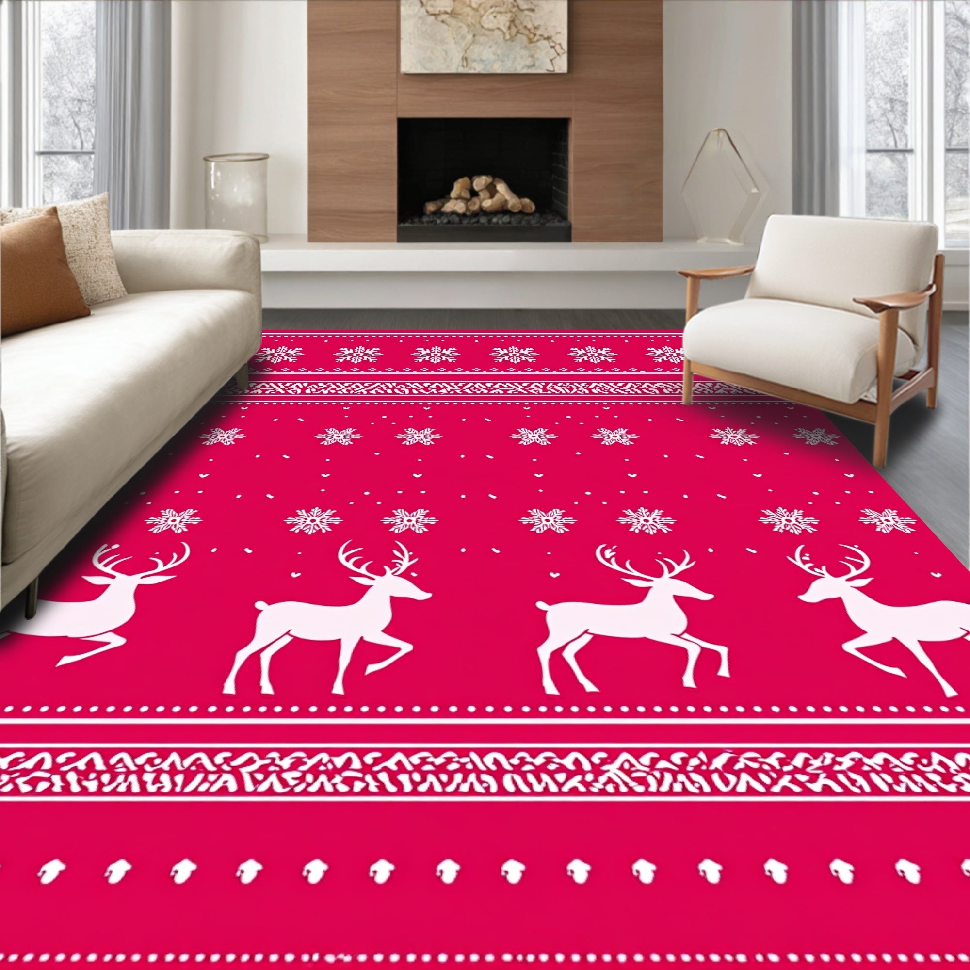Crimson White Reindeer Snowflake Stripe Rug