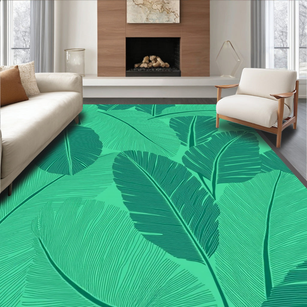 Tropical Leaf Patterned Emerald Design Rug