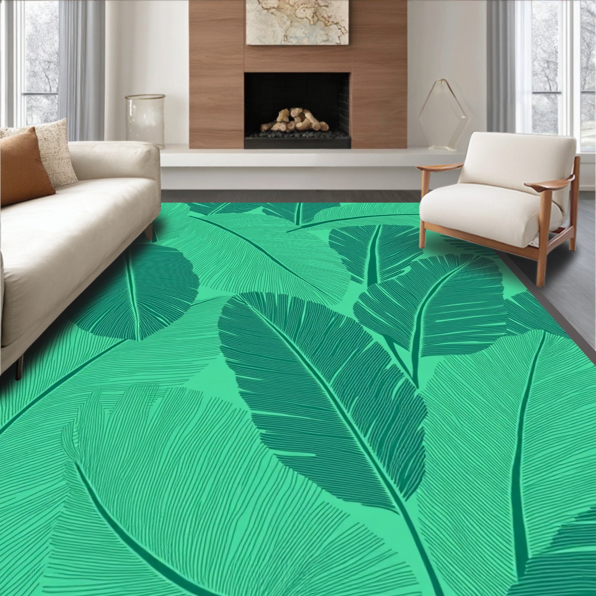 Tropical Leaf Patterned Emerald Design Rug