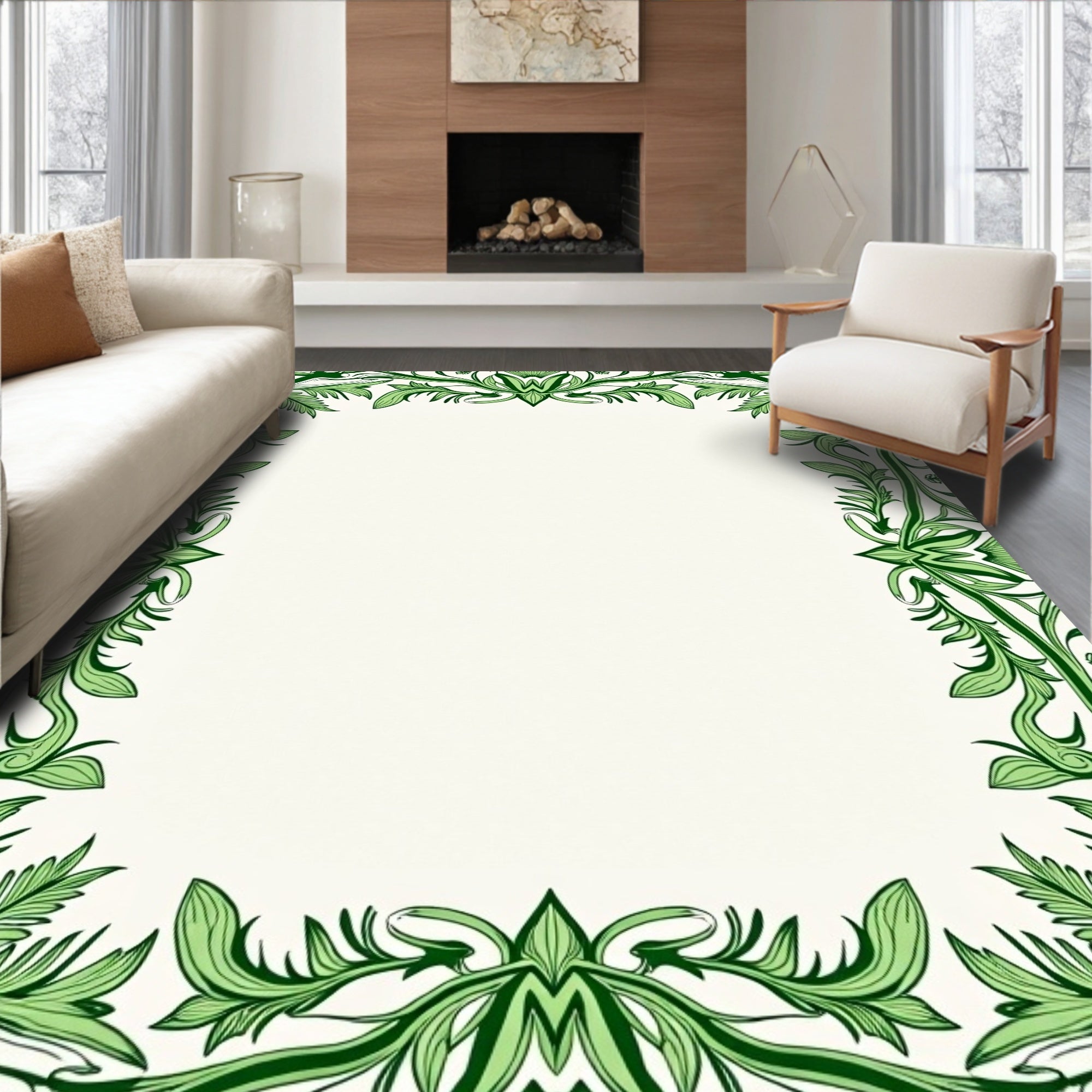 Elegant Green Floral Vines Pattern Rug