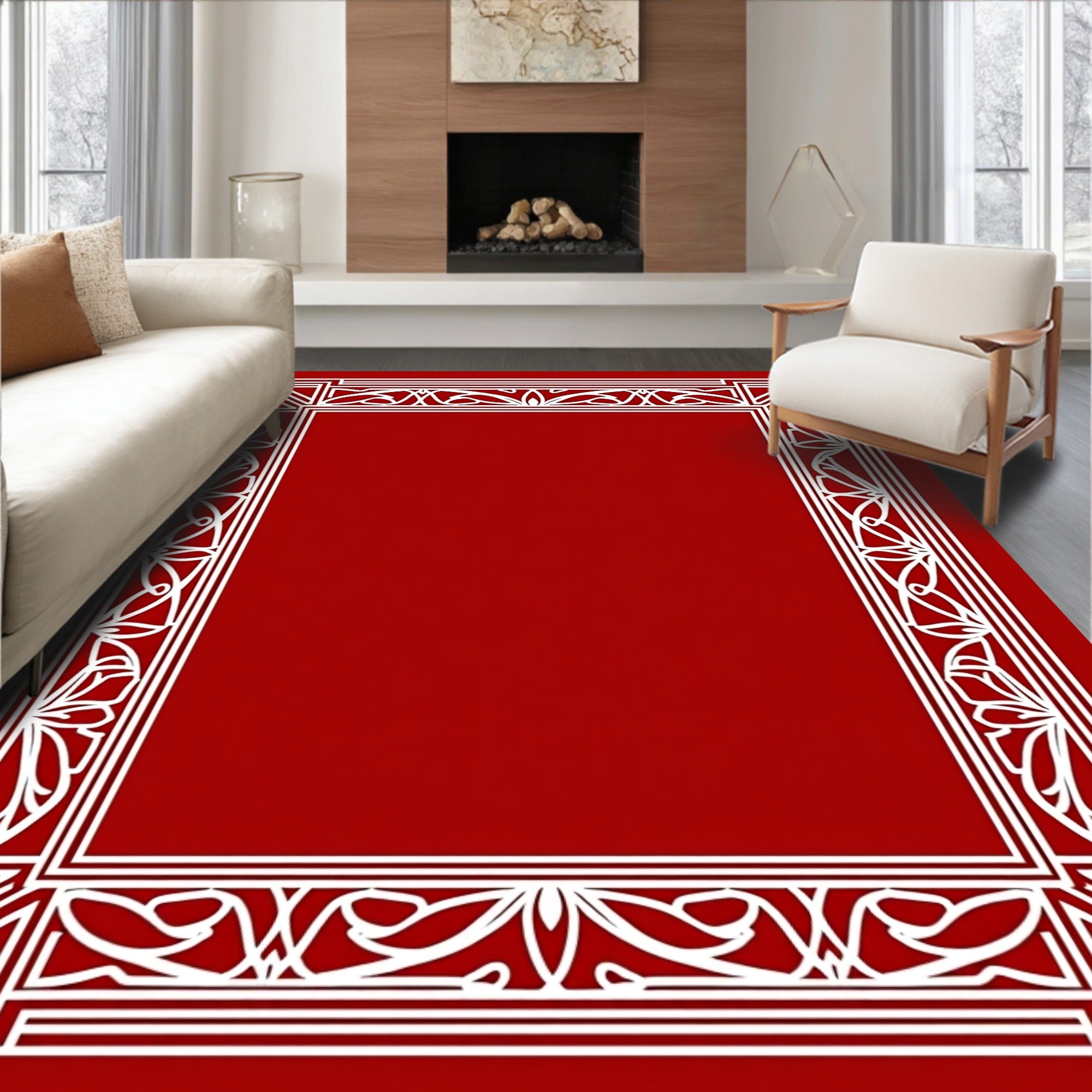 Elegant White Floral Border Design Rug