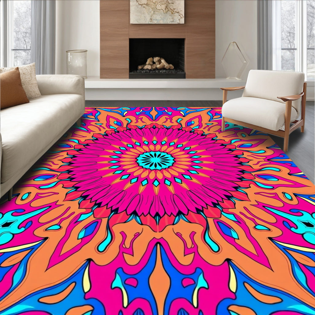 Vibrant Pink Orange Floral Mandala Rug