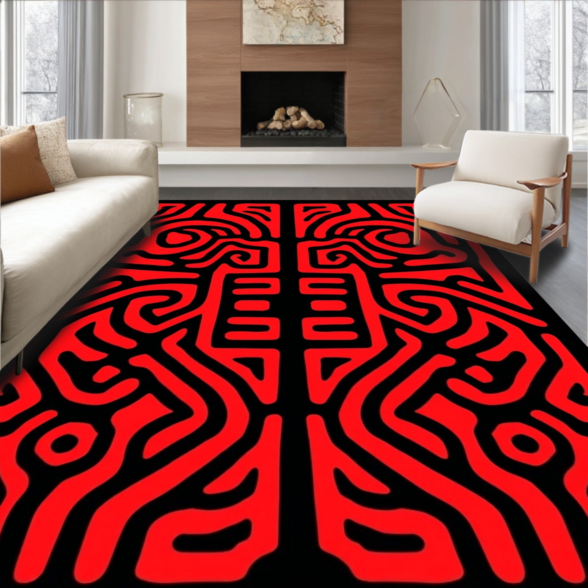 Bold Red Swirling Maze Pattern Rug