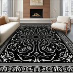 Elegant Black and White Scrollwork Pattern Rug