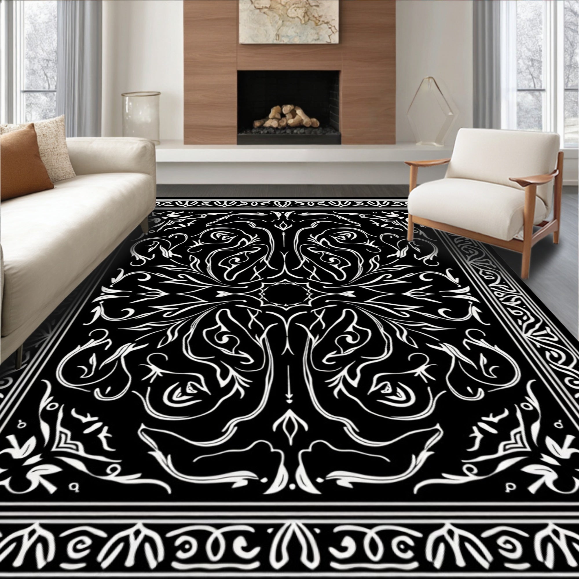 Elegant Black and White Scrollwork Pattern Rug