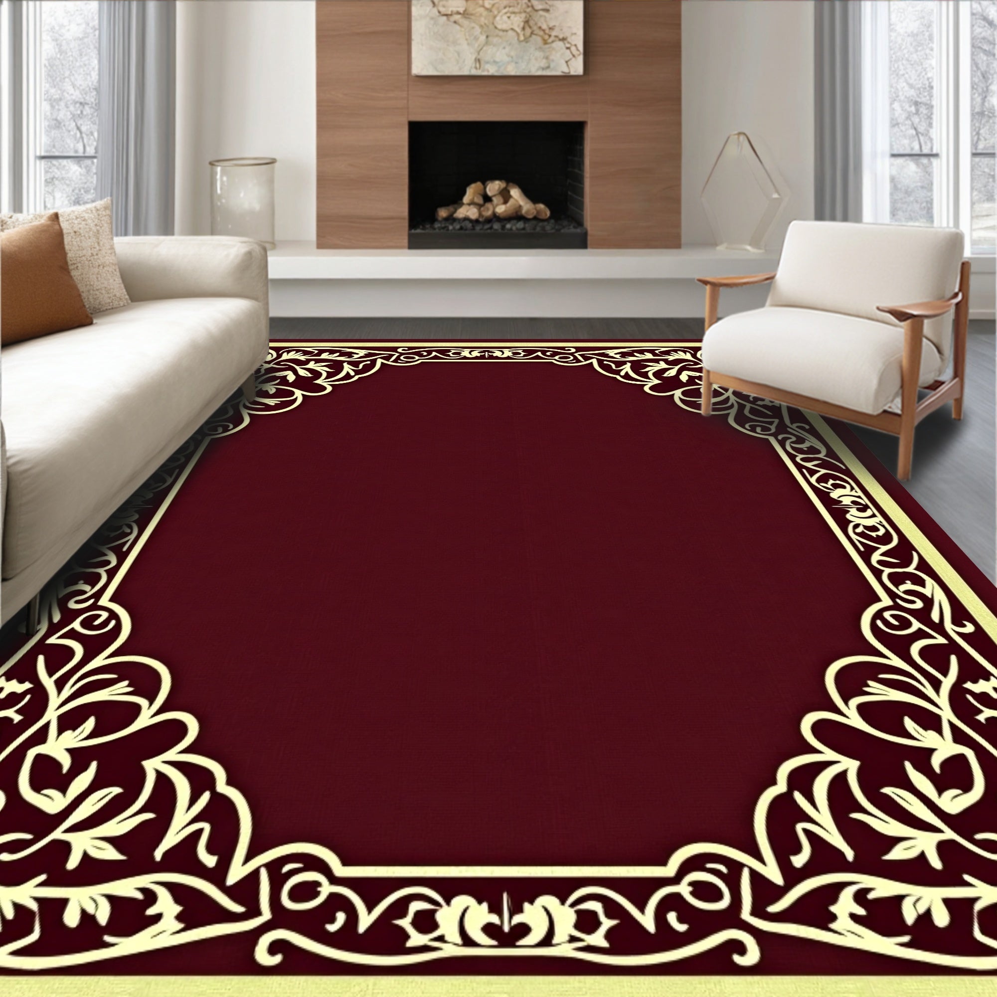 Ornate Floral Scroll Border Design Rug