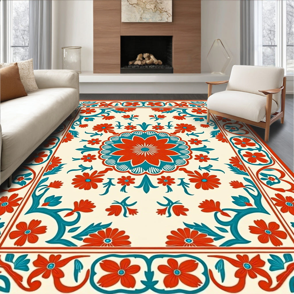 Vibrant Floral Medallion Border Pattern Rug