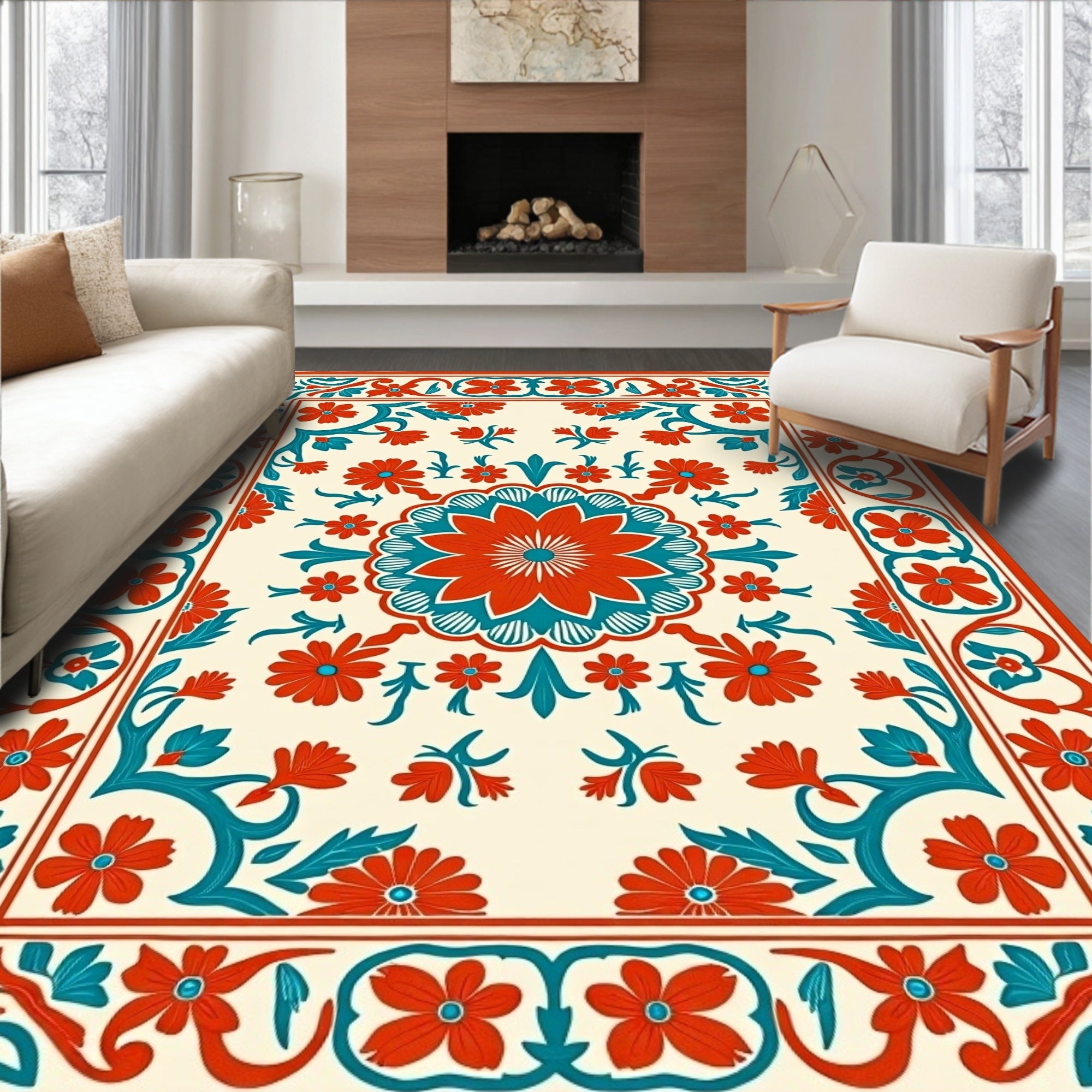 Vibrant Floral Medallion Border Pattern Rug