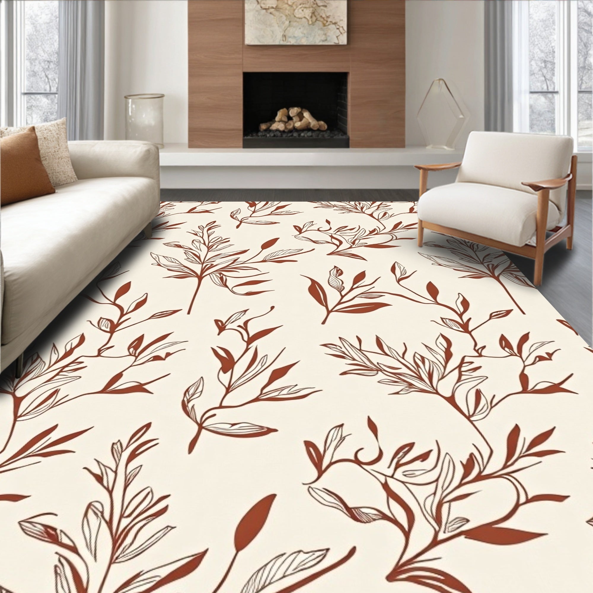 Classic Earthy Botanical Line Art Pattern Rug