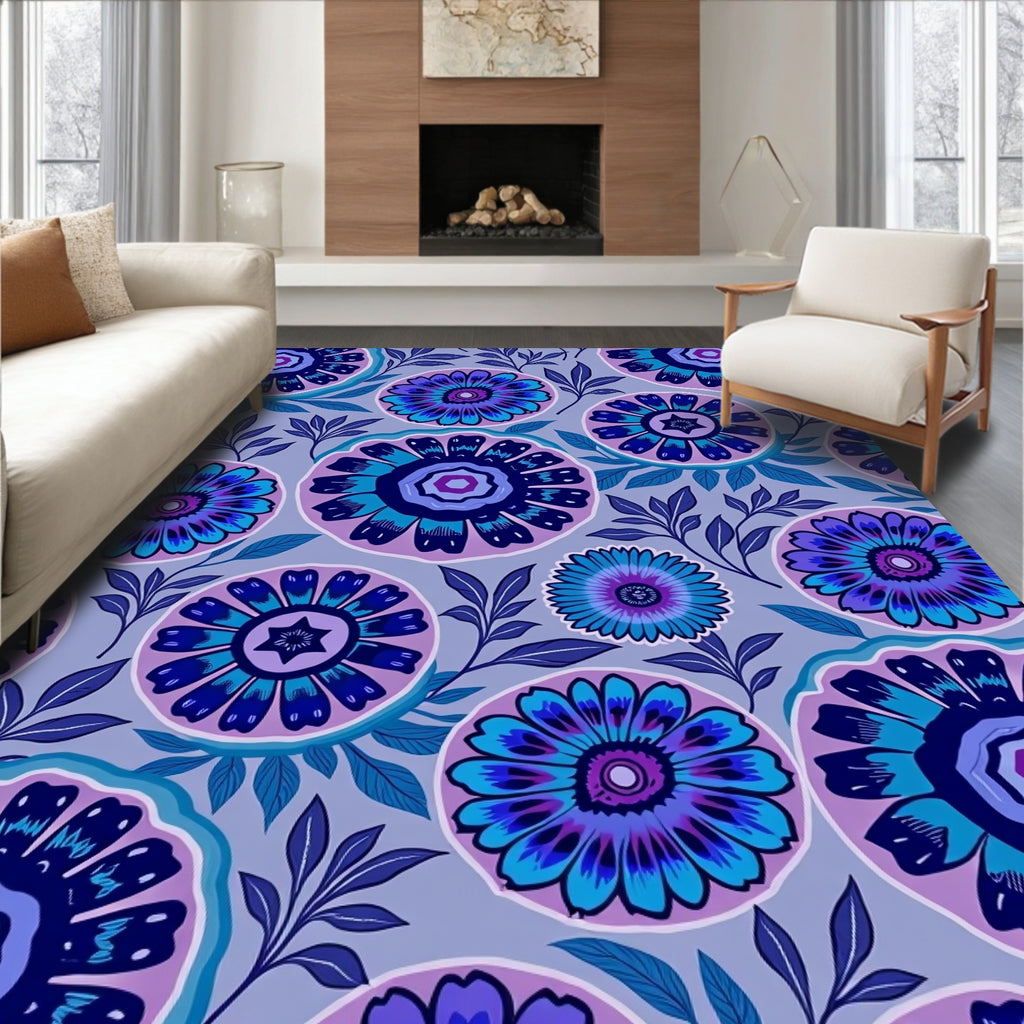 Vibrant Blue Purple Floral Pattern Rug