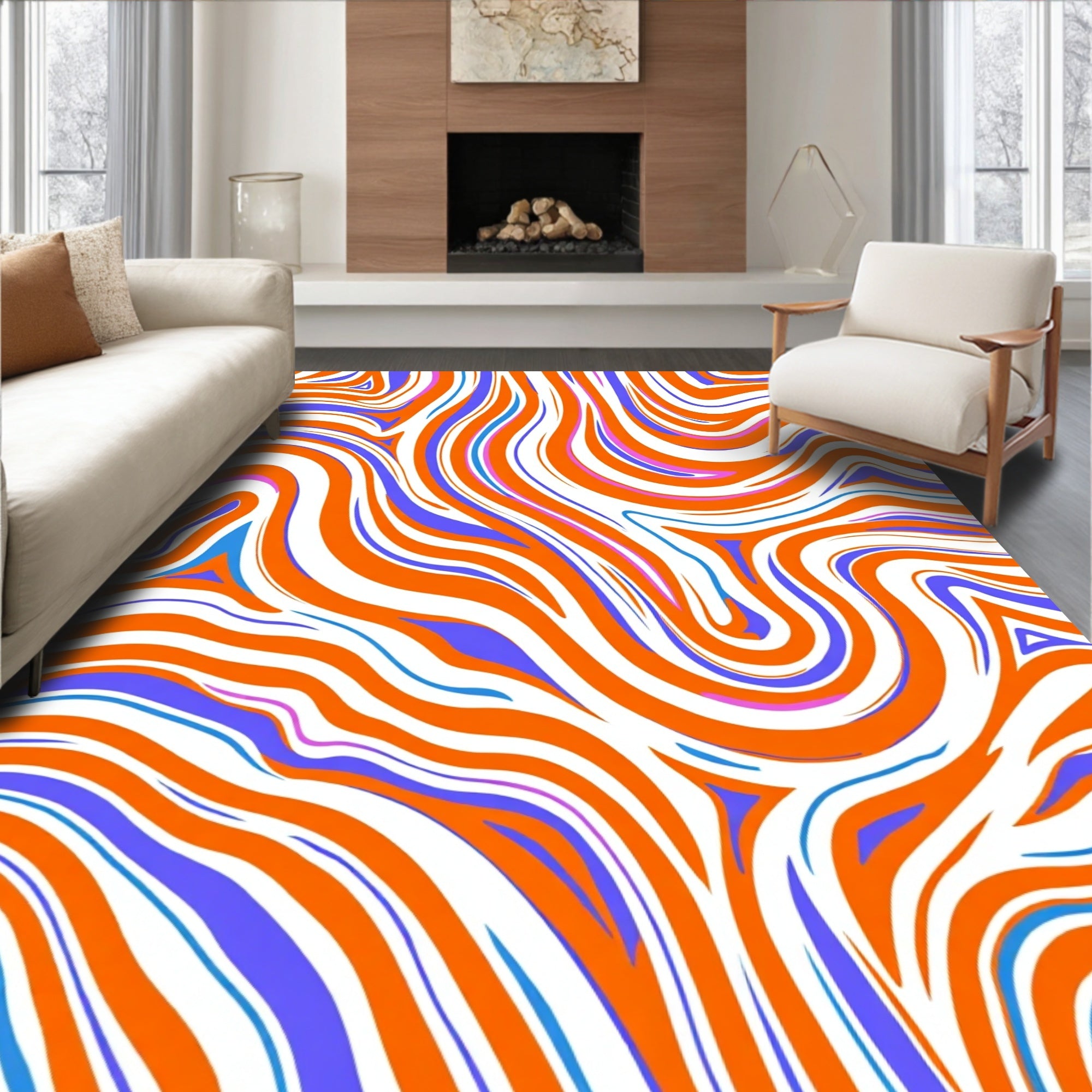 Orange Blue Abstract Swirl Pattern Rug