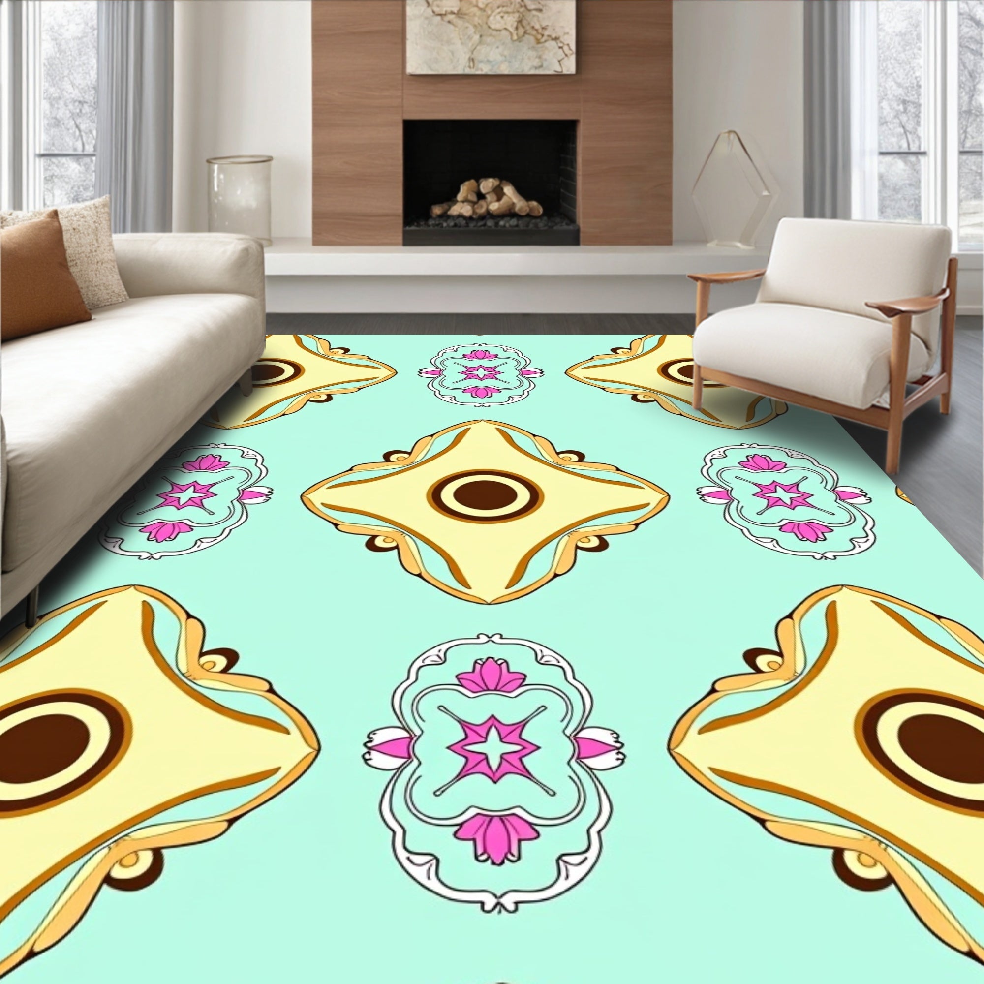 Ornate Teal Yellow Floral Medallion Pattern Rug