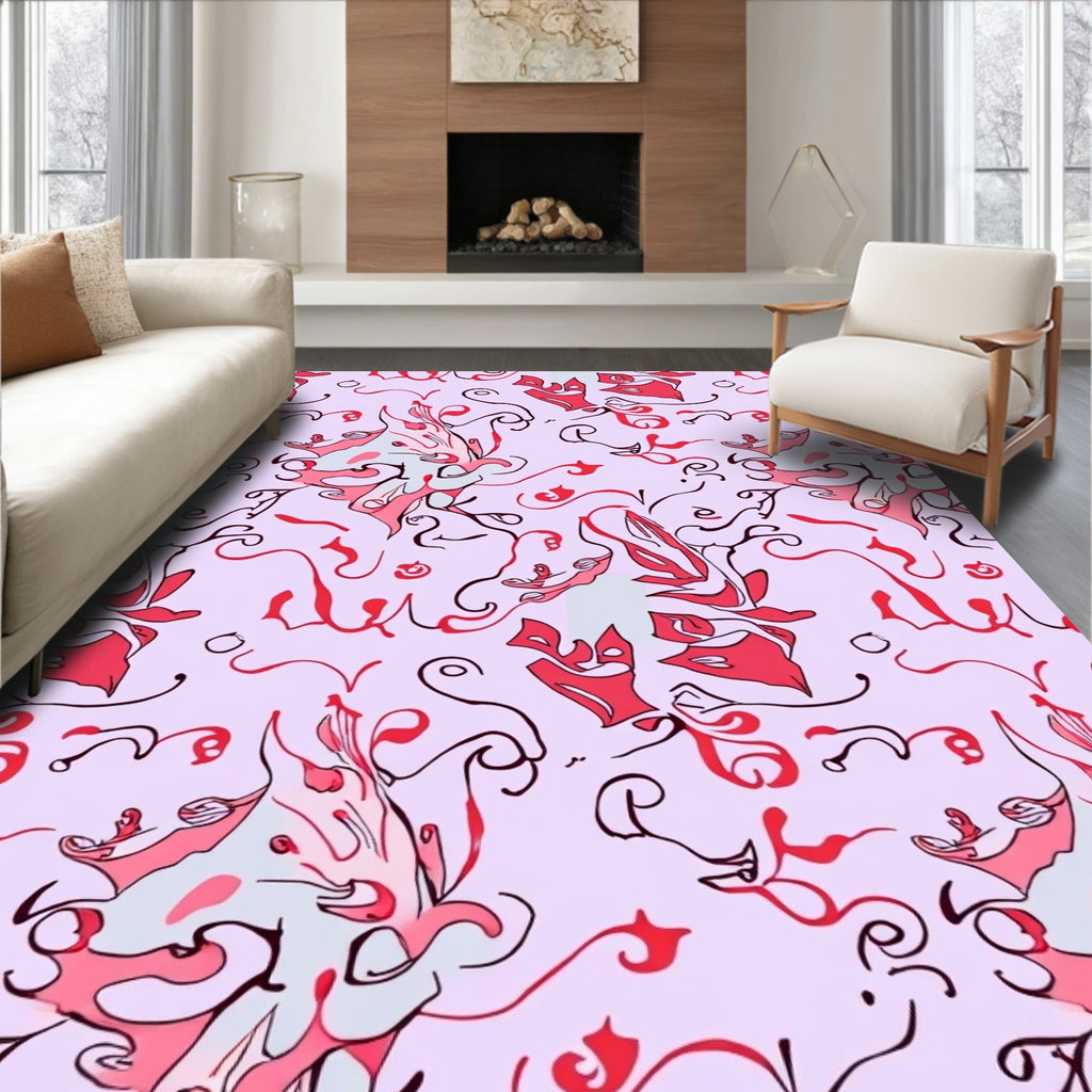 Abstract Red Swirls Blooms Pattern Rug