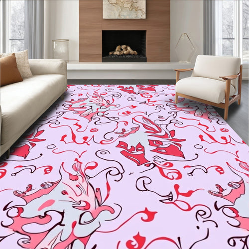 Abstract Red Swirls Blooms Pattern Rug