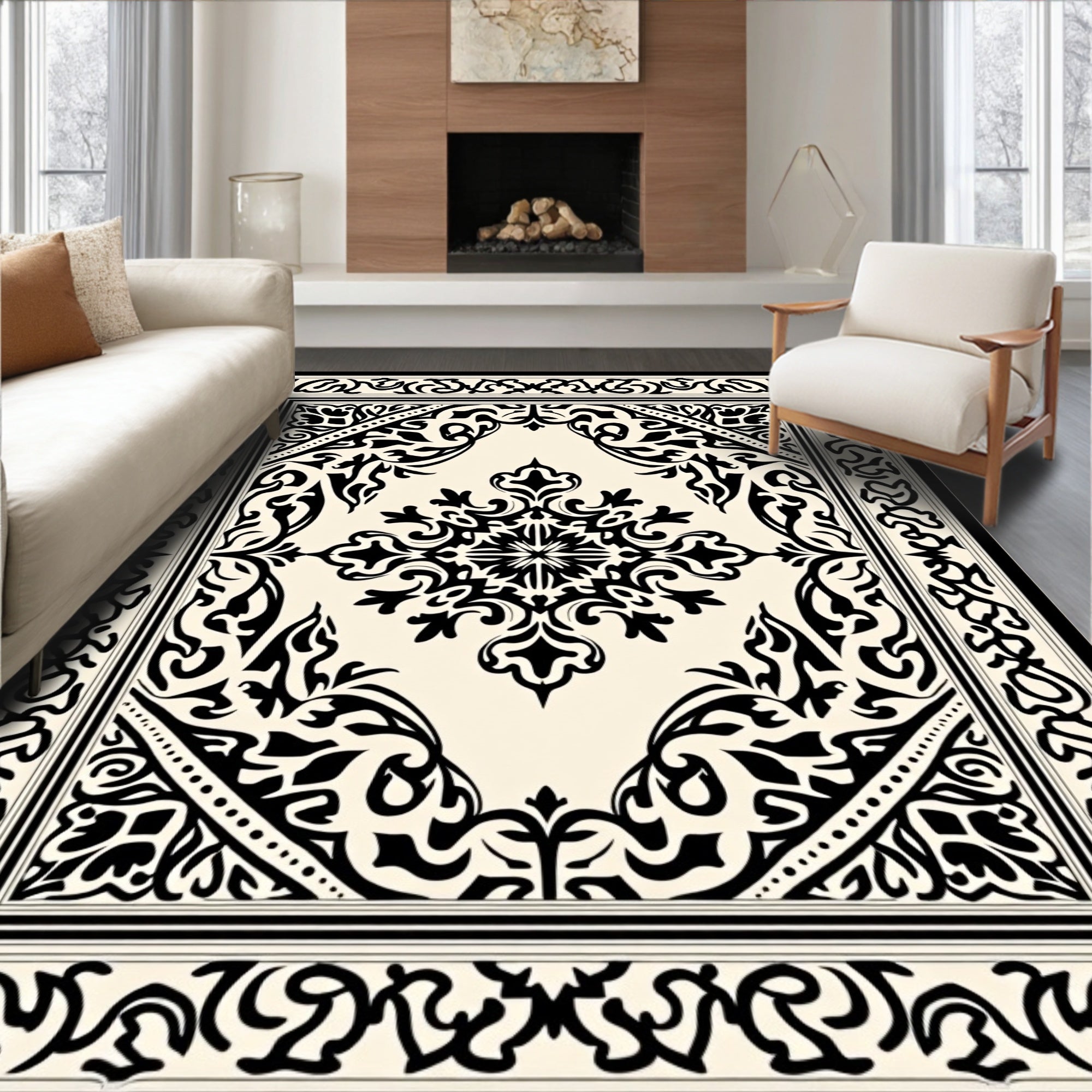 Classic Black Ivory Floral Ornament Rug