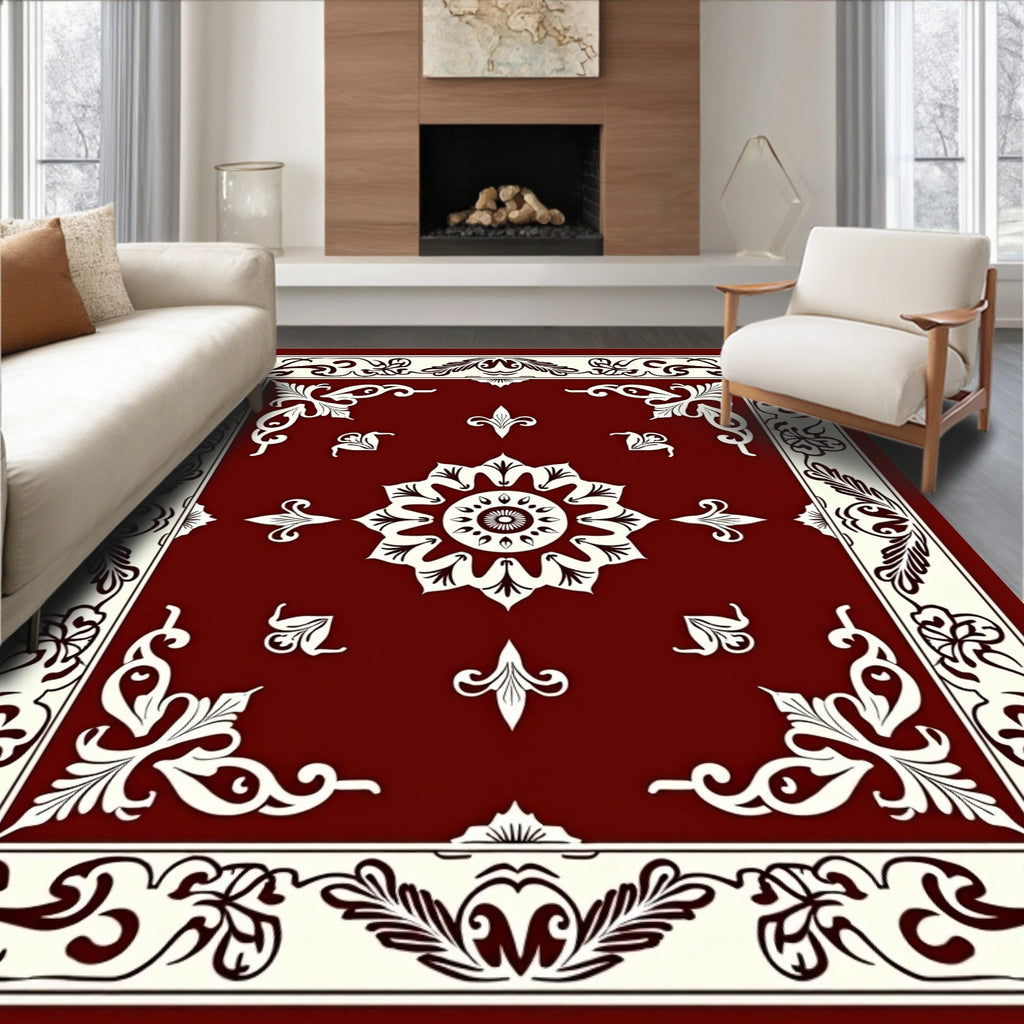 Ornate Floral Red Cream Medallion Rug