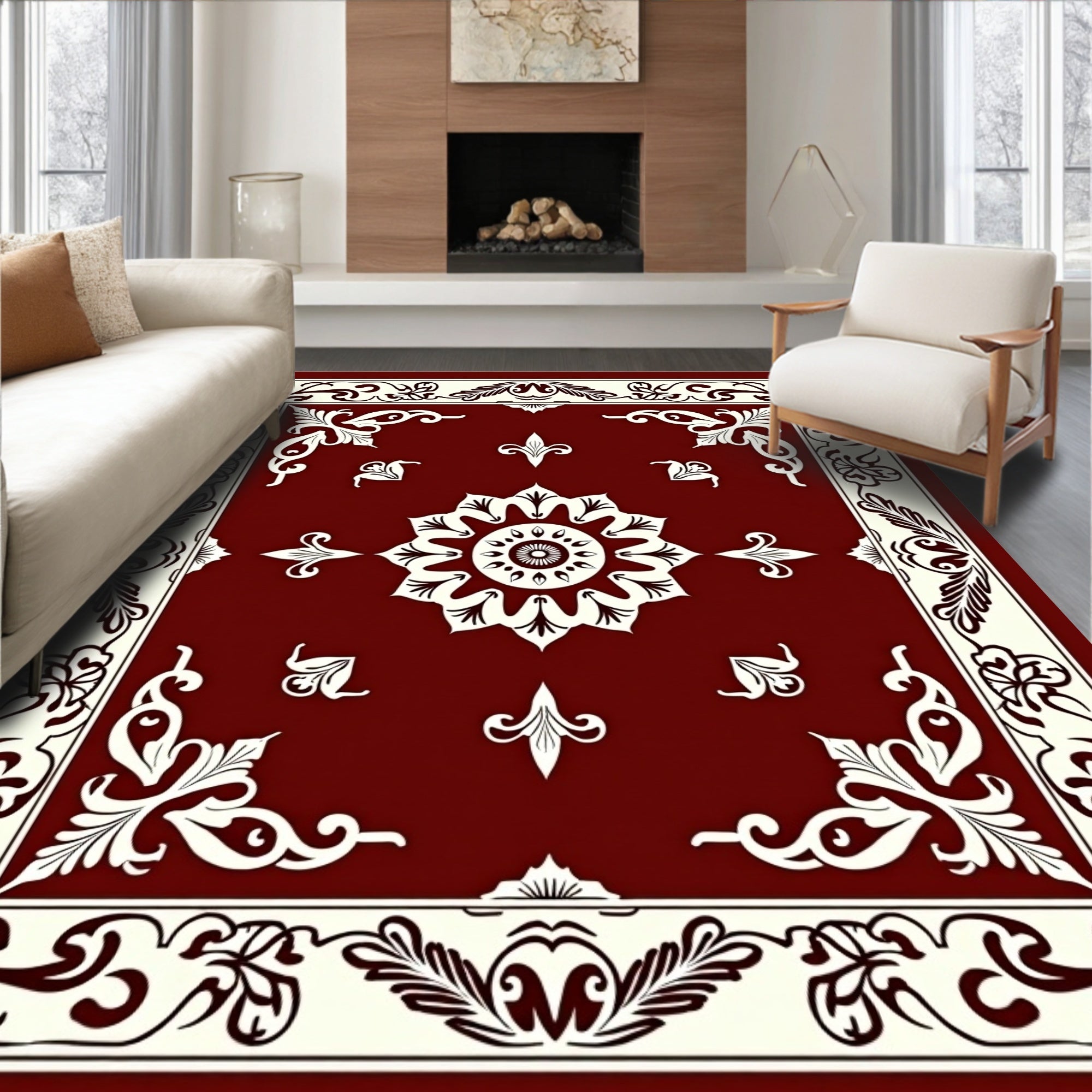 Ornate Floral Red Cream Medallion Rug
